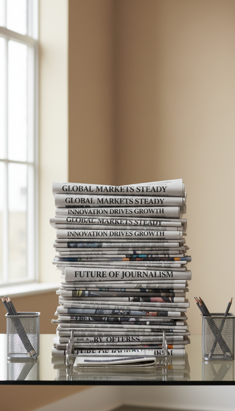 A meticulously arranged stack of leading newspapers featuring crisp headlines, printed on high-quality matte paper in subtle grey and ivory tones. The stack rests atop a modern glass-topped desk within a minimal corporate news office, accented by metallic organizer trays and a sleek neutral-color wall. Soft daylight from large windows gently illuminates the scene, accentuating the texture and clean lines of the papers. The mood is professional, orderly, and calm, reinforcing reliability. Captured at an eye-level angle with sharp focus throughout and a balanced, centered composition, this photographic image embodies a structured, corporate news aesthetic.